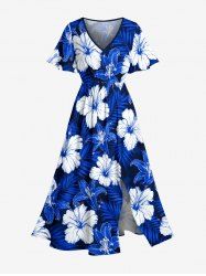 Hibiscus Flower Tropical Leaf Print Split Hawaii Midi Dress - Bleu 1X