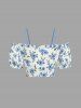 Flowers Leaf Print Cinched Ruffles Ruched Cold Shoulder Hawaii Cami Top - Bleu Poudre 6X