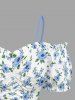 Flowers Leaf Print Cinched Ruffles Ruched Cold Shoulder Hawaii Cami Top - Bleu Poudre 6X
