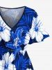 Hibiscus Flower Tropical Leaf Print Split Hawaii Midi Dress - Bleu 1X