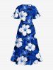 Hibiscus Flower Tropical Leaf Print Split Hawaii Midi Dress - Bleu 1X