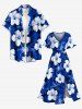 Hibiscus Flower Tropical Leaf Print Split Hawaii Midi Dress - Bleu 1X