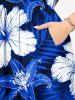 Hibiscus Flower Tropical Leaf Print Split Hawaii Midi Dress - Bleu 1X