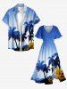 Plus Size Coconut Tree Flower Print Hawaii Split Pocket A Line Midi Dress -  