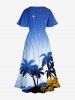 Plus Size Coconut Tree Flower Print Hawaii Split Pocket A Line Midi Dress -  