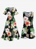 Tropical Leaf Hibiscus Flower Print Hawaii Split Pocket A Line Midi Dress -  