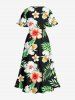 Tropical Leaf Hibiscus Flower Print Hawaii Split Pocket A Line Midi Dress -  