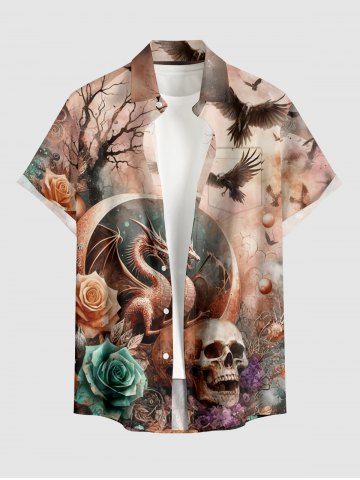 Plus Size Skull Flower Tree Bird Planet Print Button Pocket Shirt For Men