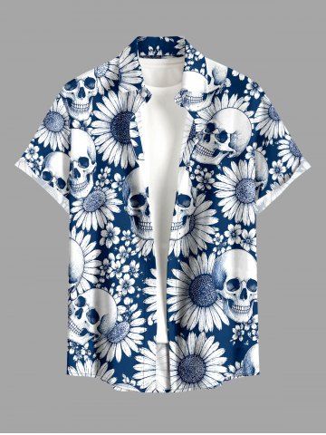 Plus Size Skulls Sunflower Print Buttons Pocket Hawaii Shirt For Men