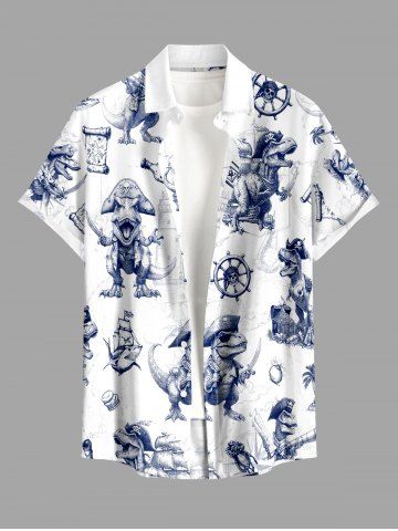 Plus Size Dinosaur Pirate Ship Rudder Map Cruise Print Buttons Pocket Hawaii Shirt For Men