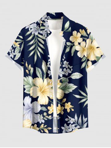 Plus Size Tropical Leaf Hibiscus Flower Print Hawaii Button Pocket Shirt For Men - DEEP BLUE - 6XL