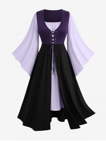 Plus Size Renaissance Colorblock Patchwork Lace Up Flare Sleeves 2 in 1 Vintage Dress - CONCORD - 5X | US 30-32