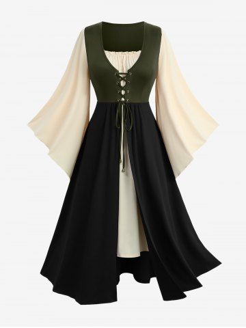 Plus Size Renaissance Colorblock Patchwork Lace Up Flare Sleeves 2 in 1 Vintage Dress - ARMY GREEN - 2X | US 18-20