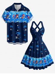 Coconut Tree Skulls Sea Waves Print Matching Hawaii Beach Outfit For Couples -  
