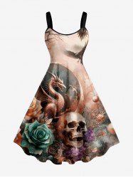 Skull Flower Tree Bird Planet Print A Line Dress - Brun 3X