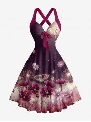 Flower Glitter Galaxy Print Hawaii Halter Crisscross Strappy A Line Dress -  