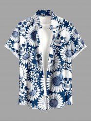 Skulls Sunflower Print Buttons Pocket Hawaii Shirt For Men -  