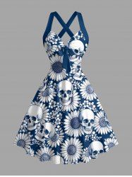 Skulls Sunflower Print Crisscross Straps Bowknot Hawaii Tank Dress - Bleu M