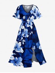 Flowers Leaf Print Split Hawaii Midi Dress - Bleu 3X