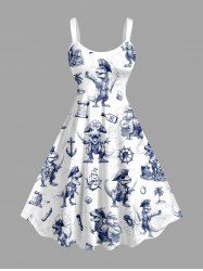 Dinosaur Pirate Ship Rudder Map Cruise Print Hawaii Tank Dress - Bleu 3X