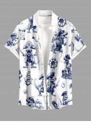 Dinosaur Pirate Ship Rudder Map Cruise Print Buttons Pocket Hawaii Shirt For Men -  