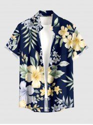 Tropical Leaf Hibiscus Flower Print Hawaii Button Pocket Shirt For Men -  