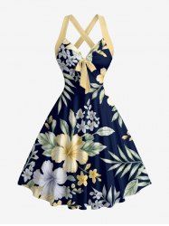 Tropical Leaf Hibiscus Flower Print Hawaii Halter Crisscross Strappy A Line Dress - Bleu profond XXXL