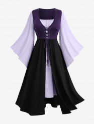 Robe vintage Renaissance grande taille 2 en 1 à blocs de couleurs, patchwork, lacée et manches évasées - Concorde 2X | US 18-20