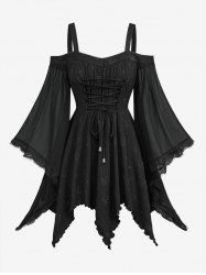 Haut asymétrique grande taille à épaules dénudées, manche évasée, laçage, panneau froncé, garniture en dentelle et motif d'ancre gaufré - Noir L | US 12
