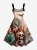 Skull Flower Tree Bird Planet Print A Line Dress - Brun 3X