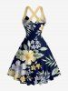 Tropical Leaf Hibiscus Flower Print Hawaii Halter Crisscross Strappy A Line Dress - Bleu profond XXXL