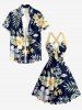 Tropical Leaf Hibiscus Flower Print Hawaii Halter Crisscross Strappy A Line Dress - Bleu profond XXXL