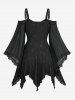 Haut asymétrique grande taille à épaules dénudées, manche évasée, laçage, panneau froncé, garniture en dentelle et motif d'ancre gaufré - Noir L | US 12