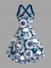Skulls Sunflower Print Crisscross Straps Bowknot Hawaii Tank Dress - Bleu M