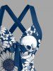 Skulls Sunflower Print Crisscross Straps Bowknot Hawaii Tank Dress - Bleu M