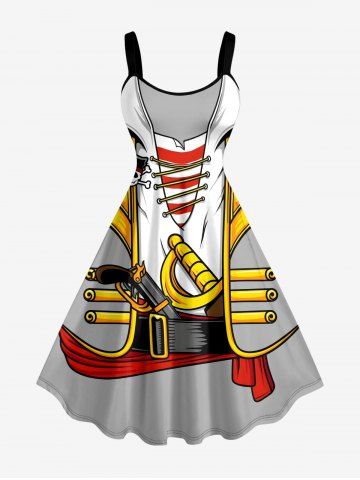 Plus Size Skull Pirate Costume Print Hawaii A Line Dress - LIGHT GRAY - 3X