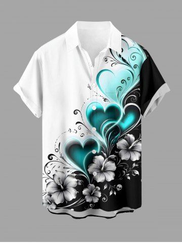 Plus Size Hibiscus Flower Heart Colorblock Print Buttons Pocket Hawaii Shirt For Men - WHITE - M
