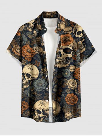 Plus Size Skulls Rose Flowers Print Buttons Pocket Hawaii Shirt For Men - BROWN - M