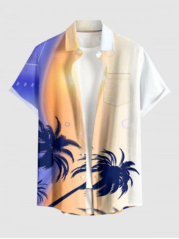 Plus Size Coconut Tree Ombre Print Hawaii Button Pocket Shirt For Men - BLUE - M