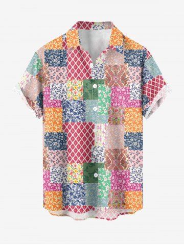 Plus Size Paisley Flower Colorful Geometric Colorblock Print Hawaii Button Pocket Shirt For Men - PINK - 6XL