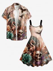 Skull Flower Tree Bird Planet Print Plus Size Matching Outfit For Couples -  