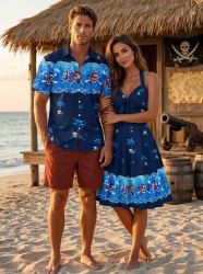 Coconut Tree Skulls Sea Waves Print Matching Hawaii Beach Outfit For Couples -  