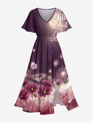 Plus Size Flower Glitter Galaxy Print Hawaii Split Pocket A Line Midi Dress - Violacé rouge XXS