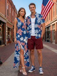 Patriotic American Flag Hibiscus Flower Print Matching Outfit For Couples -  