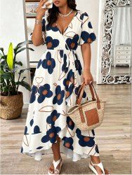 Flower Leaf Print Hawaii Ruffles A Line Dress -  