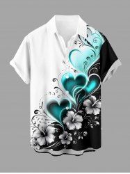 Hibiscus Flower Heart Colorblock Print Buttons Pocket Hawaii Shirt For Men - Blanc L