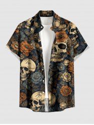 Skulls Rose Flowers Print Buttons Pocket Hawaii Shirt For Men - Brun S