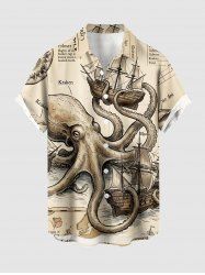 Chemise homme à imprimé marin poulpe et voilier - Croisière Hawaï - Poche boutonnée - café lumière 3XL