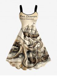 Robe trapèze Hawaii croisière à imprimé pieuvre et voilier - café lumière S