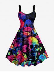 Skulls Flower Leaf Print Hawaii A Line Dress -  